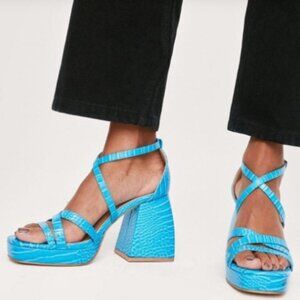 Nasty Gal x Z_code_z Faux Croc Strappy Chunky Block Heels, Turquoise, Size 7